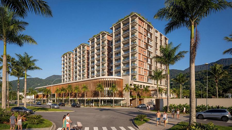 Fachada principal do Marbello Residence &amp; Open Mall em Caraguatatuba