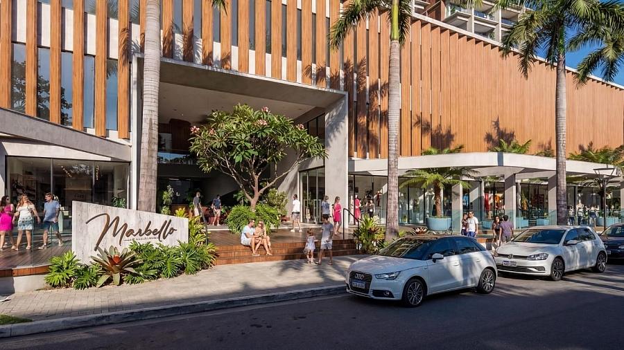 Entrada principal do Marbello Residence &amp; Open Mall em Caraguatatuba