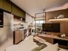 Cozinha integrada e sala de TV do Studio 25,08 m� do Praie Elevate em Caraguatatuba