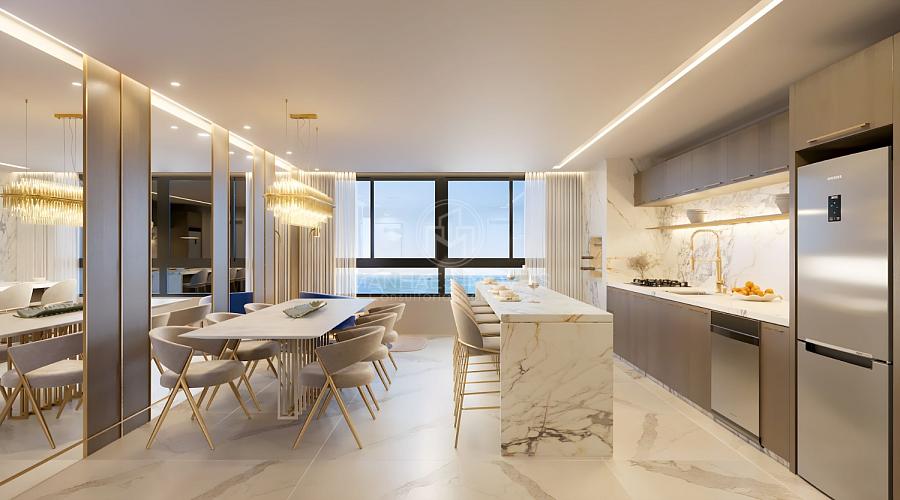 Apartamento Tipo 02: Living integrado com vista para o mar