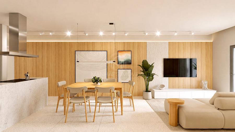 Perspectiva da sala de estar e jantar decorada do apartamento de 2 dormit�rios (Planta Tipo 1) no River