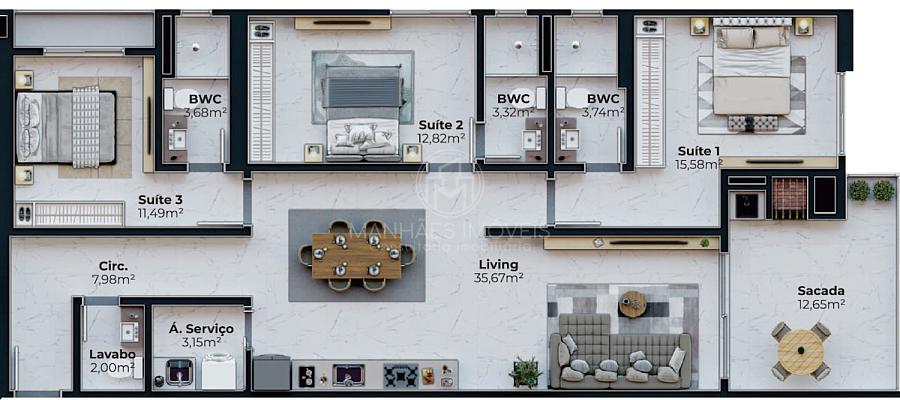 Apartamento na Planta: 3 Suítes e Living Integrado no Ilha de Sardenha – Porto Belo — foto 5