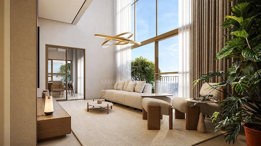Living decorado com p�-direito duplo do apartamento duplex