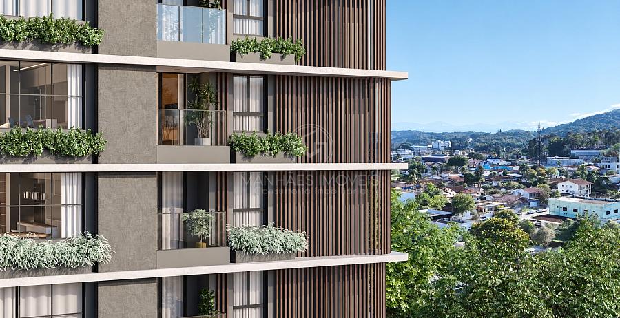Detalhe arquitet�nico da fachada do Wave Residence com floreiras nas sacadas e brises amadeirados