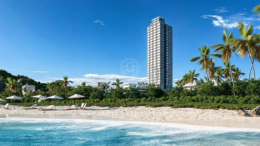 Vista frontal da torre do Amaran a partir da areia da Praia da Arma��o, em Penha - SC