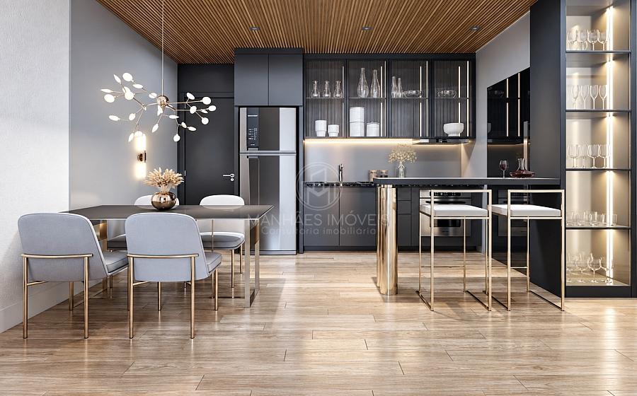 Sala de jantar e cozinha decorada do apartamento