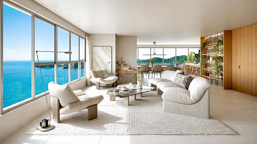 Amplo living do apto master conectado � sala de jantar com ilumina��o natural abundante e vista panor�mica para a orla de Balne�rio Cambori�
