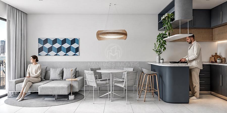 Sala de jantar e cozinha integrada do apartamento decorado de 34 m� no Blend