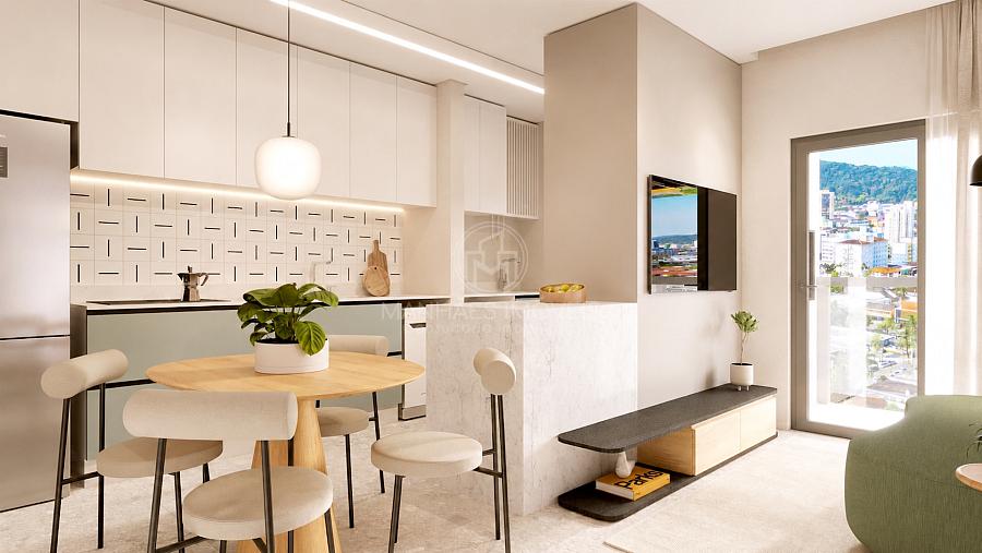 Perspectiva do living decorado do apartamento de 1 dormit�rio (Planta Tipo 3) no River
