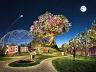�rea de lazer infantil com playground e �rvore iluminada � noite