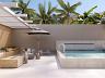 Deck da piscina integrado ao lounge com lareira externa