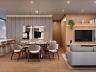 Perspectiva do living amplo com sala de jantar e cozinha americana integrada do apartamento tipo 01 de 87 m�