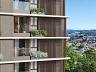 Detalhe arquitet�nico da fachada do Wave Residence com floreiras nas sacadas e brises amadeirados