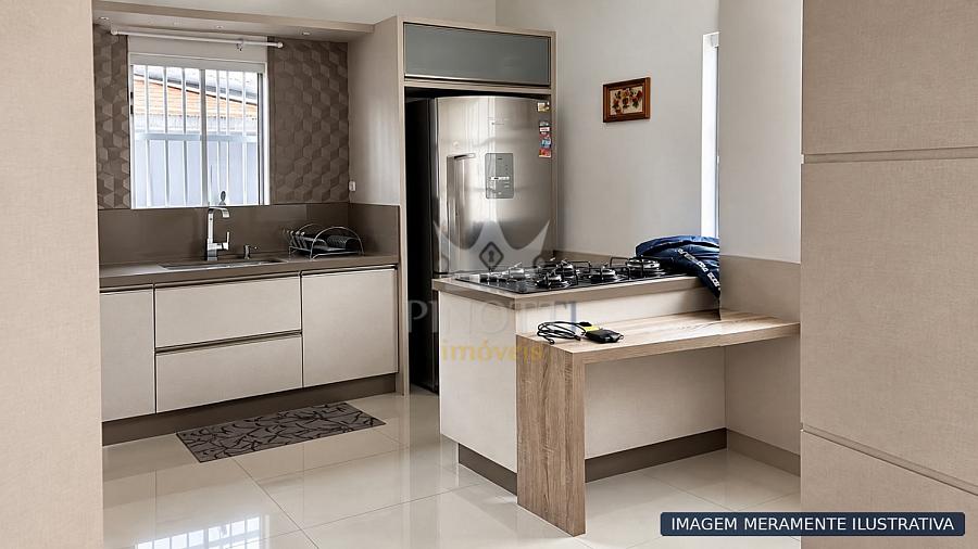 Imagem ilustrativa da cozinha com arm�rios sob medida, pia junto � janela e bancada para refei��es
