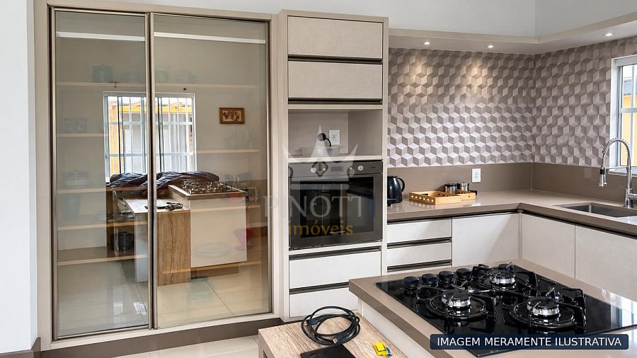 Imagem ilustrativa dos detalhes da cozinha, com forno embutido, cristaleira e revestimento geom�trico